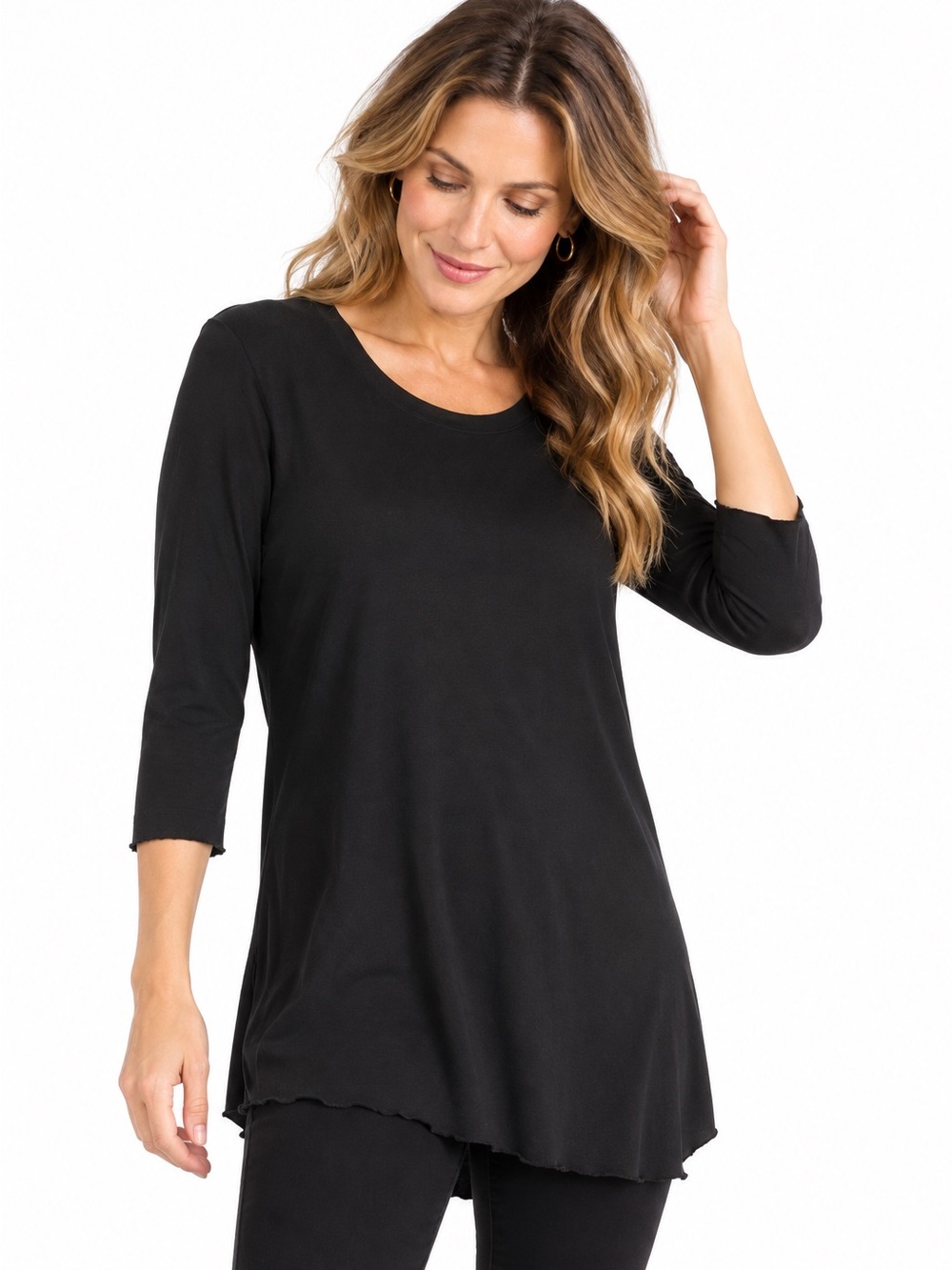 VINCE Black Lightweight Knit Raw Edge 3/4 Sleeve Soft Stretchy Tunic Top Medium
